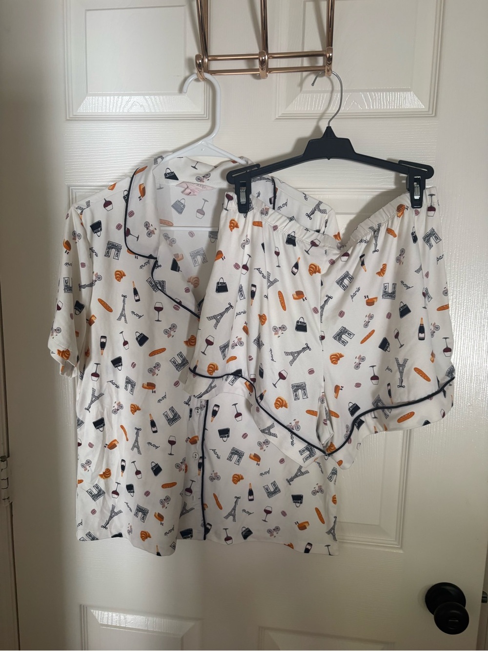 White Printed Pajama Set Parisian Wine Coffee Croissant